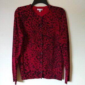RED ANIMAL PRINT CARDIGAN. NWT